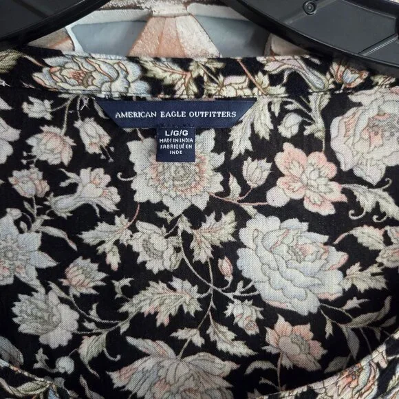 American Eagle Top Floral Lace Up Bell Sleeve Peasant Cottage Boho Womens Large - Picture 2 of 10